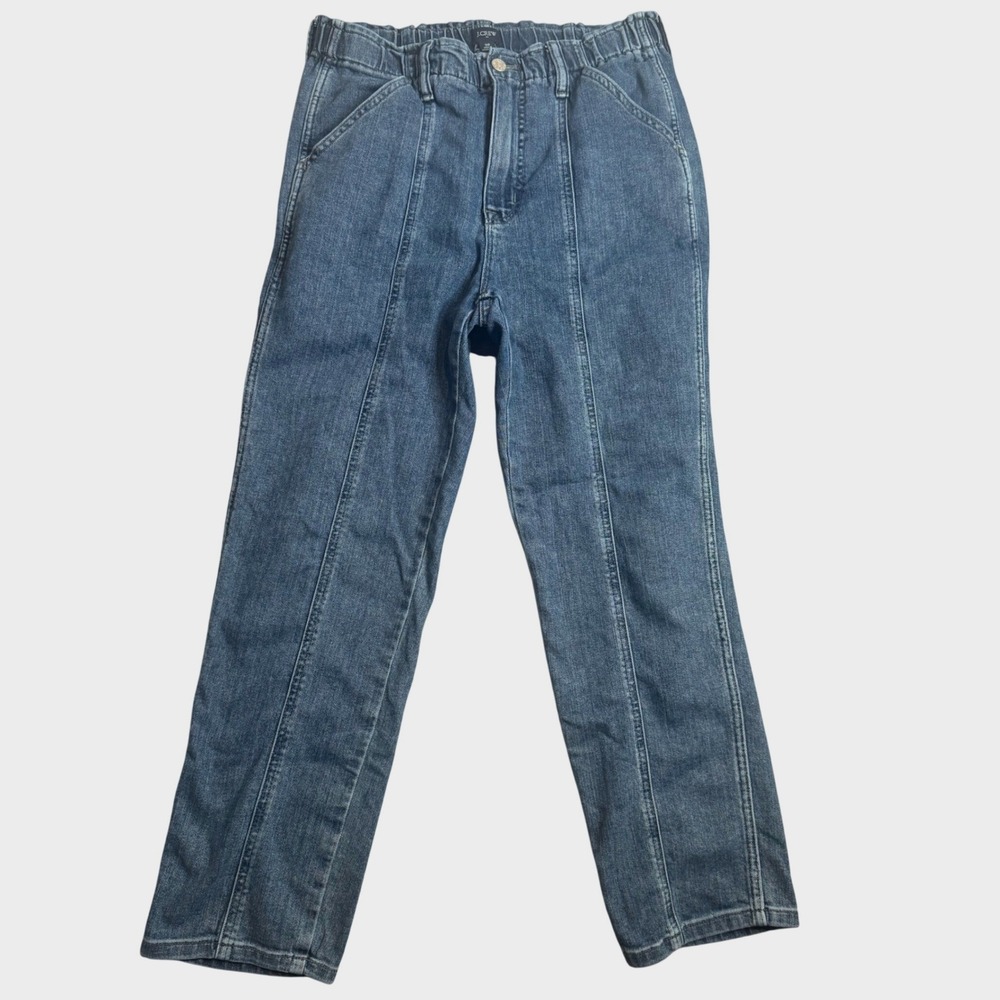 J. Crew High Rise Elastic Waist Denim Jeans Size 30 Pintuck Front Seam Utility